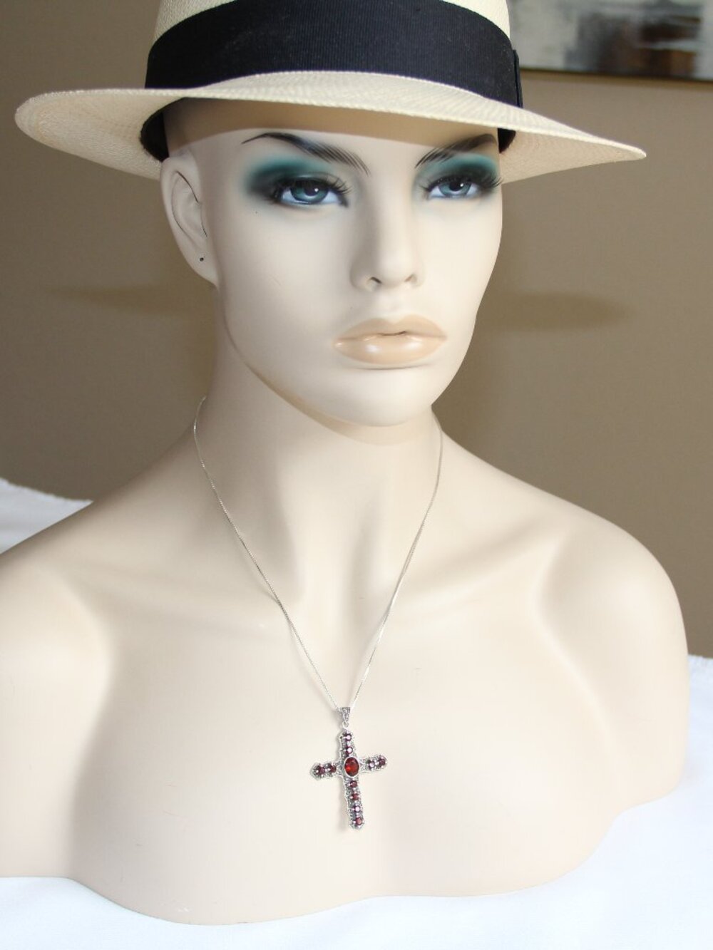 Sterling Silver Marcasite Garnet Cross Necklace. Beautiful Red Garnet Gemstones